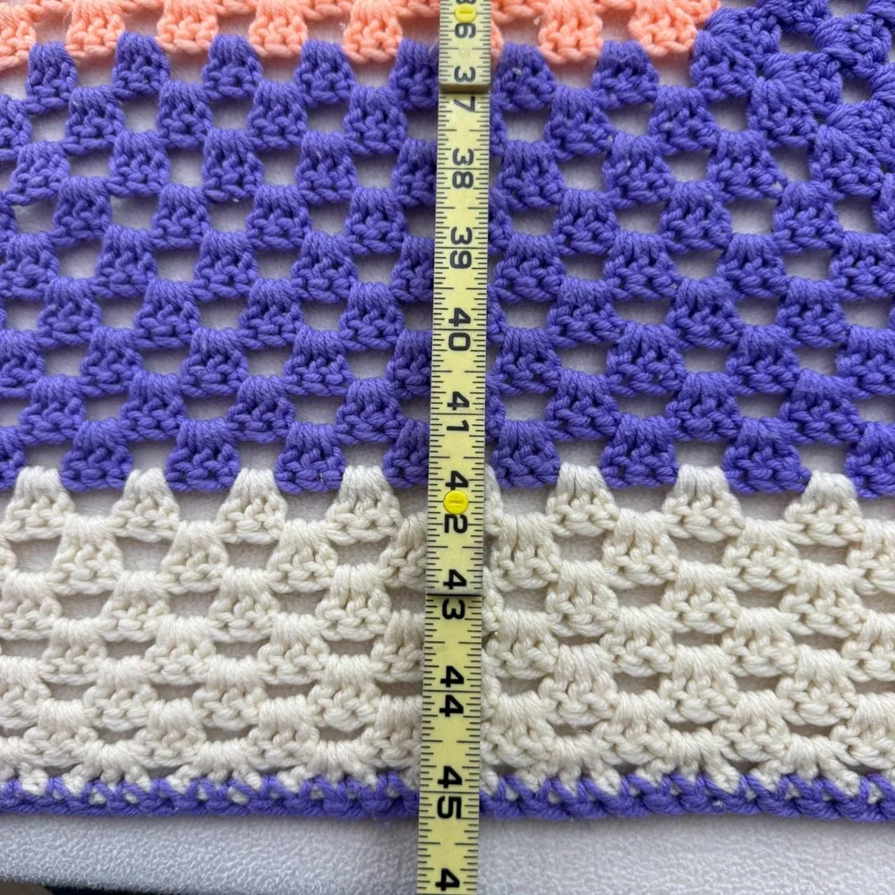 Handmade Crochet Granny Square Blanket Peach Purple Cream Colorblock Throw 45x43